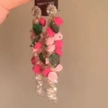 Close-up of pink rose floral tassel earrings with green leaves and crystal beads - Pink Rose Flower Tassel Crystal Rhinestone Long Earrings (7# Silver Pin)