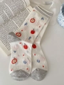 Süße weiße Socken mit rotem Apfelmuster und grauem Fersenbereich für Damen - Einheitsgröße / Weißer Apfel