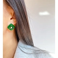 Vintage style square green enamel stud earrings with large crystal and gold frame - Green (266)
