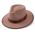 Classic light brown fedora hat with a wide brim and decorative dark ribbon band - M (56-58cm) / Pink Purple