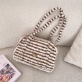 Brown and cream striped plush tote bag with gold logo plate and long shoulder handles - Brown White Striped