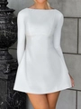 Elegant white long sleeve mini dress in A-line silhouette with boat neck for women - S / White