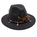 Detailed view of black fedora hat featuring ethnic style beaded rope and shell accents - Dark Gray