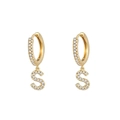 Minimalist gold hoop earrings featuring a sparkling crystal-encrusted letter S pendant - Letter S / Gold