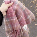Plaid knitted winter scarf in rose pink and brown with fringes and logo label - Strawberry Milk Pink