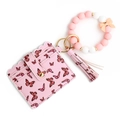 Porte-cartes nœud rose avec bracelet en silicone perlé et portefeuille imprimé papillon - Rose