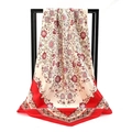 Silky satin square scarf featuring red floral baroque patterns and beige center - Splendid Flowers Red (SD90-20-1)