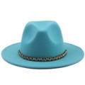 Teal wool felt fedora hat with ethnic beaded band on a clean white background - M (56-58cm) / Lake Blue