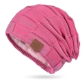 Winter knitted beanie in rose pink with thick fleece lining and brown leather patch - Mixed Magenta