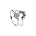 Adjustable sun and moon couple rings set with sparkling blue and white zirconia - Silver Sun + Silver Moon (1 Pair)