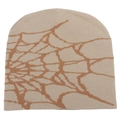 Beige and brown spider web jacquard knitted beanie for men and women streetwear style - One Size / Khaki