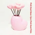 Pink heart-shaped fruit fork set with stainless steel picks and matching pink base - Slanted Pink Heart Base + 5 Pink Heart Forks