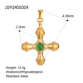18k gold-plated stainless steel cross pendant featuring a round green gemstone inlay - Stainless Steel Green Gemstone Cross Pendant (JDP2405004)