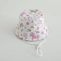 Detail of white kids bucket hat featuring unicorn rainbow prints and adjustable chin strap - 54cm(4-10 Years) / Rainbow Unicorn