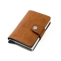 Brown leather slim RFID blocking card holder with silver aluminum pop-up card case - Crazy Horse Leather Texture / Brown