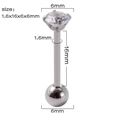 14G stainless steel tongue ring with 6mm clear zircon and 1.6x16mm size dimensions - Steel White Zirconia