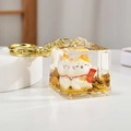 Golden glitter lucky cat keychain in clear acrylic cube with metallic ring - Lucky Cat (Good Luck)