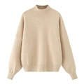 Detailed knit texture of oatmeal mock neck sweater with ribbed cuffs and soft fabric - S / Beige Apricot