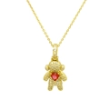 Macro view of gold teddy bear pendant featuring micro-pave cubic zirconia and a red heart stone - Bear-Red Heart