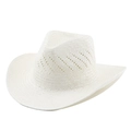 Detail of white hand-woven cowboy hat featuring breathable hollow-out patterns and curved brim - M(56-58cm) / White