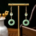 New Chinese style jade beaded earrings with gold metal tassels in pale green finish - E3968-1/Jade Ring Pendant