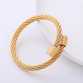 Macro detail of golden twisted cable bangle featuring textured cylindrical end caps - Gold