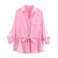 Pink lapel long-sleeve safari style shirt with adjustable drawstring waist for women - S / Pink Shirt