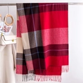 Classic red and beige check scarf detail with fringe hanging on a white rack - Red Black White & Beige Plaid (WT184-6)