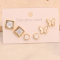 Detailed set of golden stainless steel studs featuring crystal, heart and butterfly motifs - 6# Square Heart Style