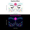 Neon floral face tattoo stickers with blue dots and star patterns in 15x10.5cm size - FA-013