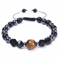 Verstellbares gewebtes Armband mit 10 mm blauem Tigerauge und schwarzen Achatperlen - Gelbes Tigerauge + Schwarze Perlen + Hämatit