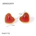 Elegant 18k gold plated stainless steel heart earrings with red agate inlay - Vintage Glossy Red Heart Stud Earrings (JDEW2312074)