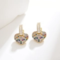 Detailed macro of golden heart earrings featuring vibrant multicolor zircon pavé setting - Colorful 2