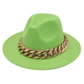 Detail shot of neon green wool fedora hat with chunky gold metal chain link decoration - Fruit Green