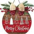Merry Christmas round wooden door sign with red-black plaid bow and white pine trees - Style N (Christmas Tree Merry Christmas)