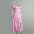 Detail of pink floral dress featuring puff sleeves, sweetheart neckline and high side slit - S / Pink Floral