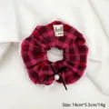 Pink and brown plaid hair scrunchie with lace trim and pearl detail, size 14cm by 5.5cm - T110 Rose Red Plaid Lace