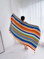 Ethnic style long beach shawl with vibrant colorful stripes and tassels for summer - Dark Blue-Multicolor Stripe Tassel / 180cm