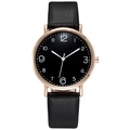 Women's minimalist watch with black dial, rose gold case, and black leather strap - Black