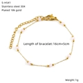 Detail view of 18k gold plated stainless steel bracelet with pink beads and sizing data - Gold Pink Round Bead Style (S-H541)