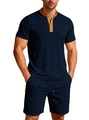 Ensemble homme en maille gaufrée bleu marine avec col marron et manches courtes - S / Bleu marine