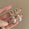 Vintage gold rectangle earrings with red rose pattern and white baroque pearl drops - Baroque Pearl Rose (3 Silver Earring Posts. Gold)