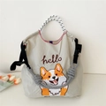 Sac bandoulière en nylon beige avec broderie corgi et bandoulière en corde tressée - Grand Sans Sangle / Corgi Gris Clair