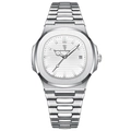 Men's silver stainless steel watch with white horizontal striped dial and date display - Silver Case & White Dial Steel Strap
