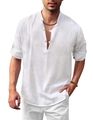 Men's white linen Henley long sleeve casual beach shirt with rolled sleeves and buttons - S / Tops / White