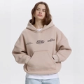 Oversize-Kapuzenpullover für Damen in Beige mit Grafikprint auf der Brust und Kängurutasche - S / Aprikose