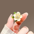 Elegant white enamel flower brooch with green leaves and pearl center on gold alloy finish - 354# Flower