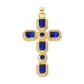 Gold plated cross pendant featuring vibrant blue zircon and cubic zirconia stones - Pendant 98 (Gold Blue Stone Luxury Cross V3)
