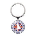 Detail of round metal keychain with Union Jack flag and England map silhouette design - England Map Flag