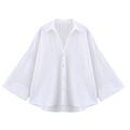 Elegant white V-neck shirt for women featuring oversized cuffs and a loose button-down fit - S / White